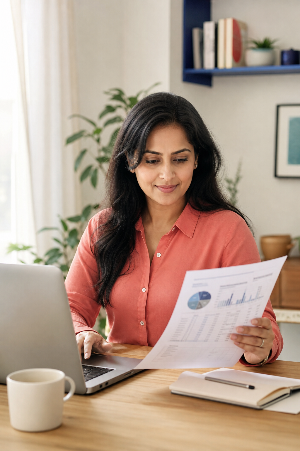 Accounting professional reviewing reports from a bright home office