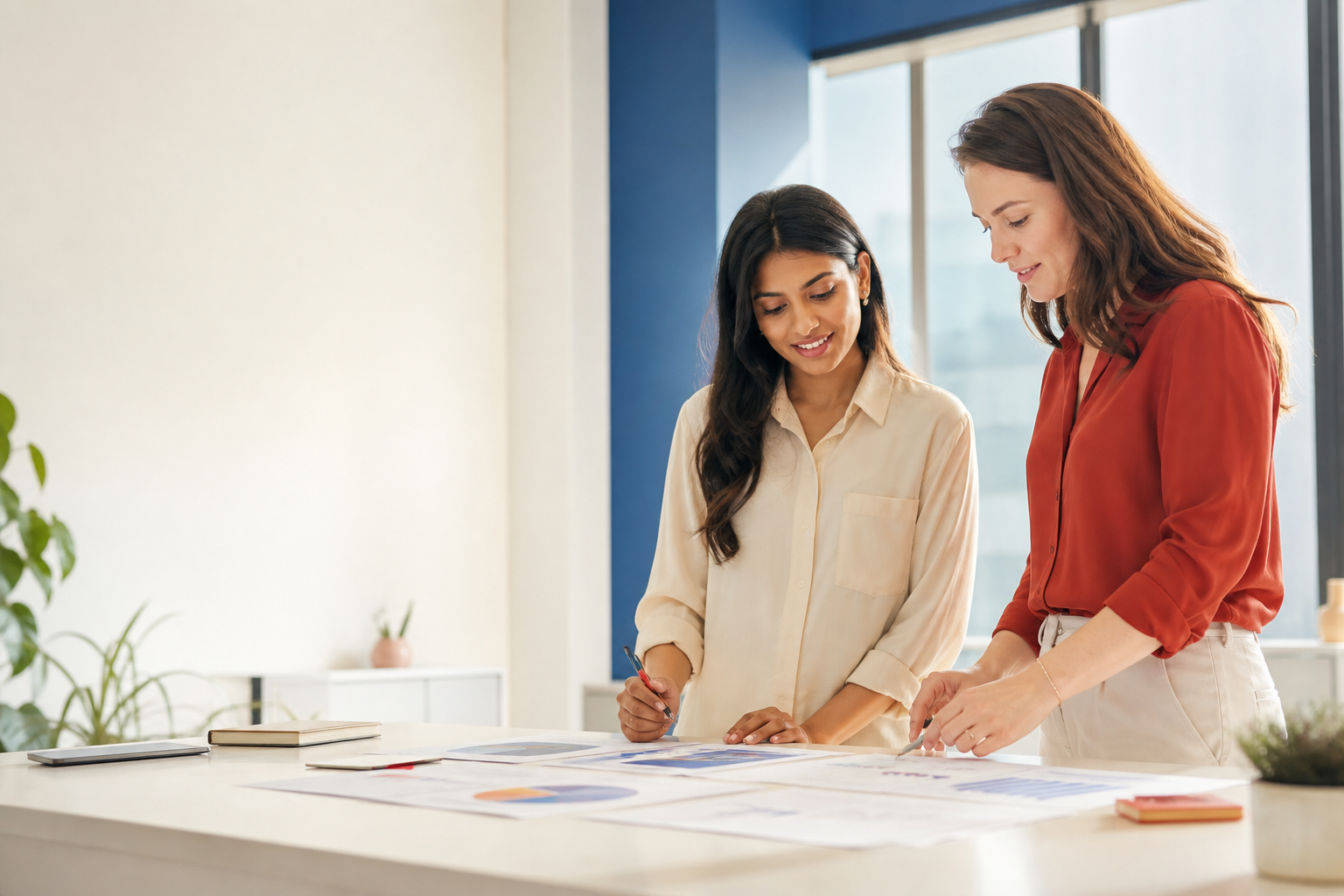 Accounting professionals reviewing financial reports in a bright office