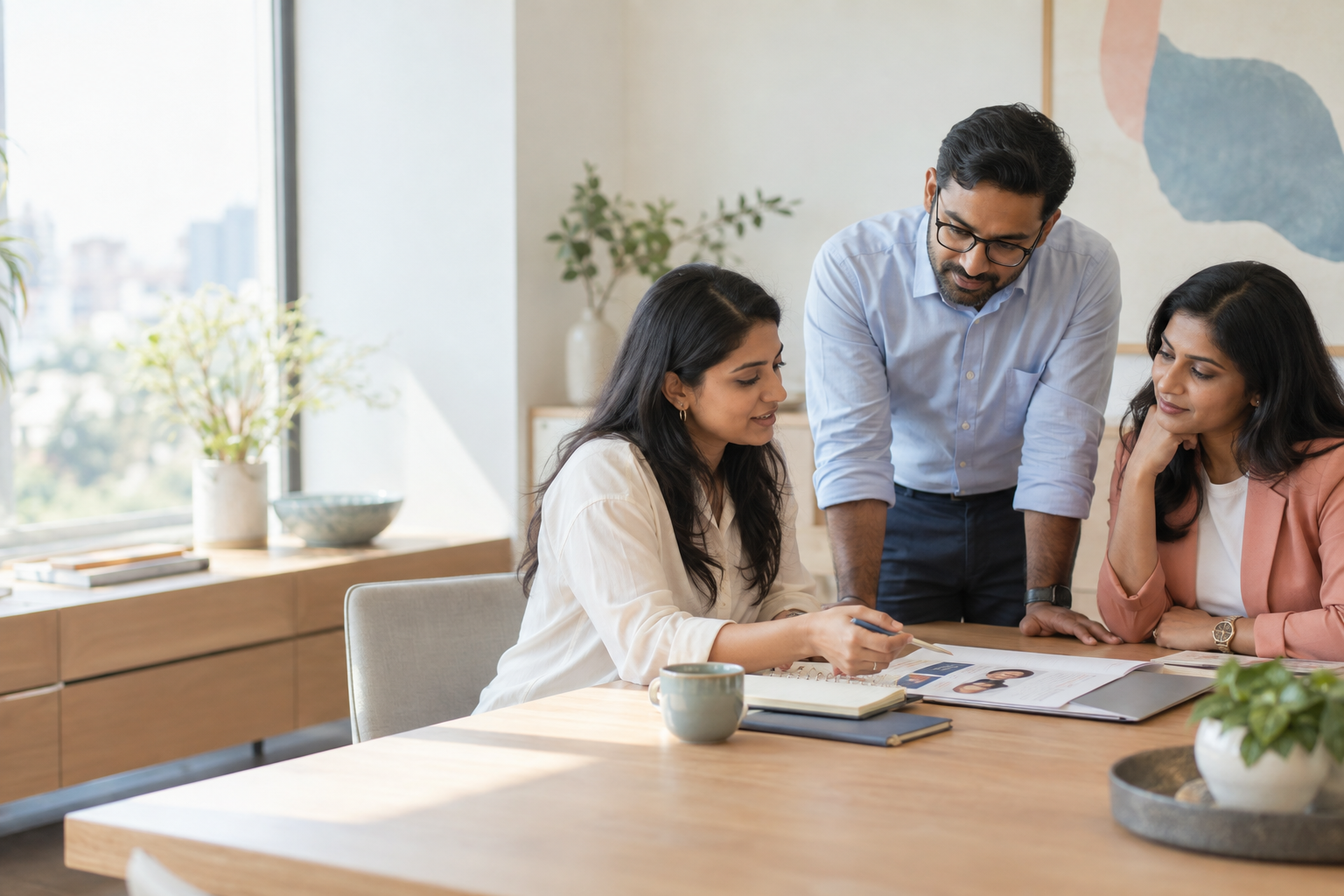 Skarlet Hill professionals discussing a candidate profile in a bright office