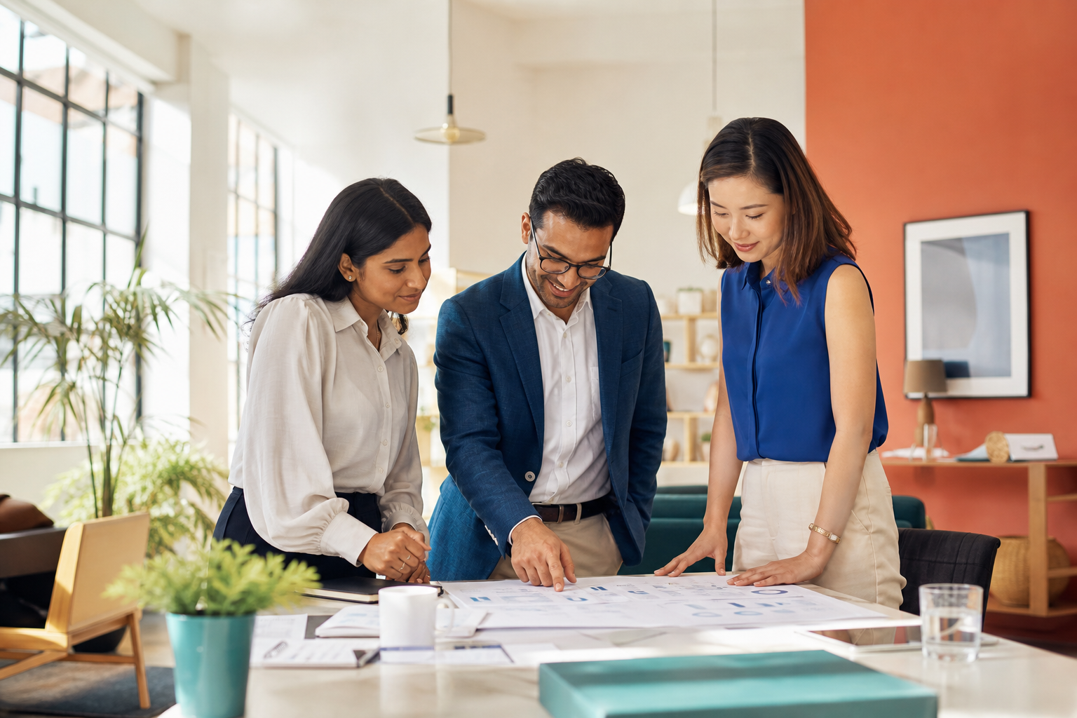 Accounting professionals collaborating around a financial report in a bright office